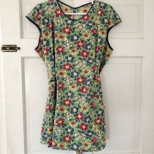 Vintage Floral Smock pockets Apron bow flowers green blue red yellow
